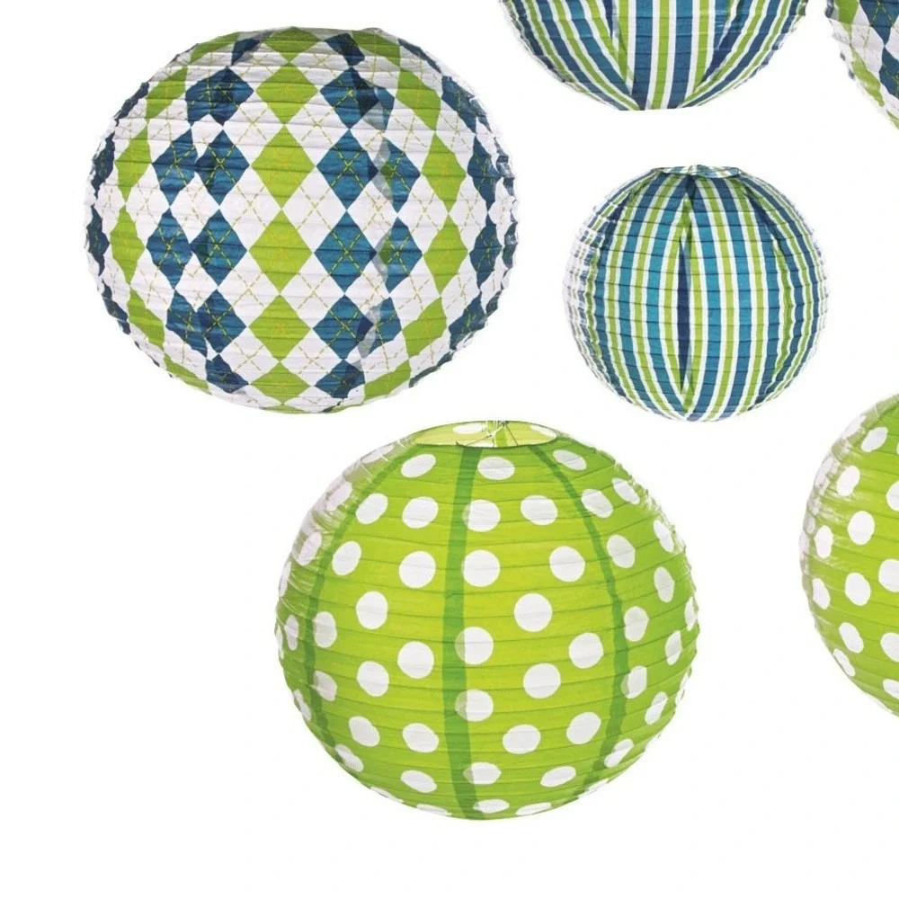 3 Green and Blue Patterned Paper Lanterns Argyle Stripes Polka Dots 12